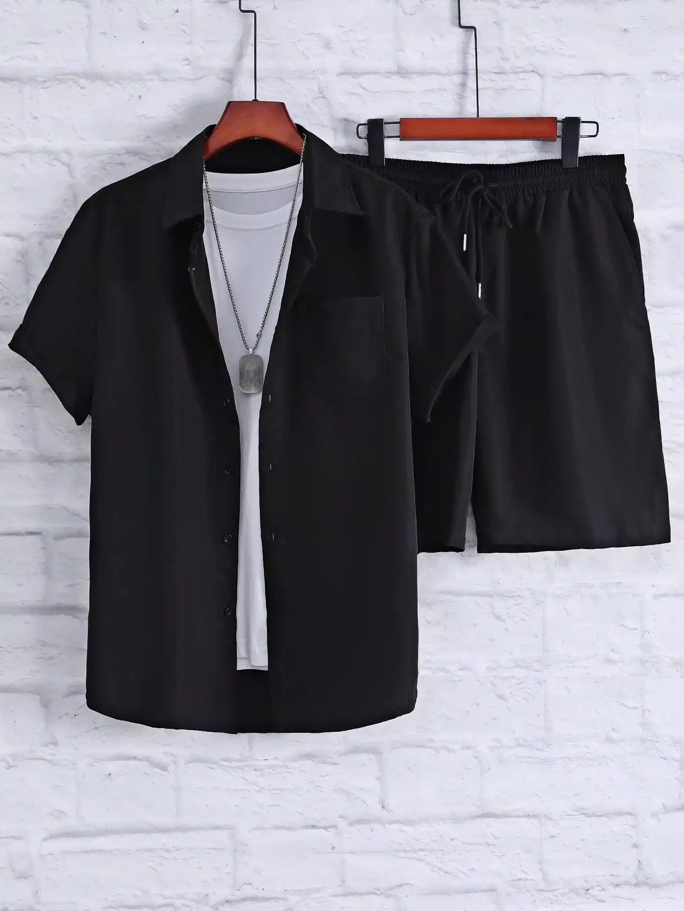 Black Solid Design Mens Half Sleeves Cords Cotton Material - XPCRDH