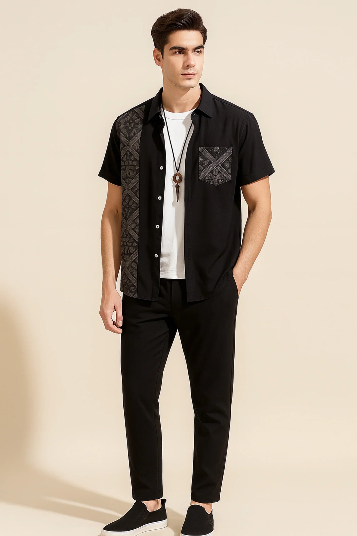 Black Design Men's Casual Half Sleeve Shirt and Full Pant Set - XPCRDF