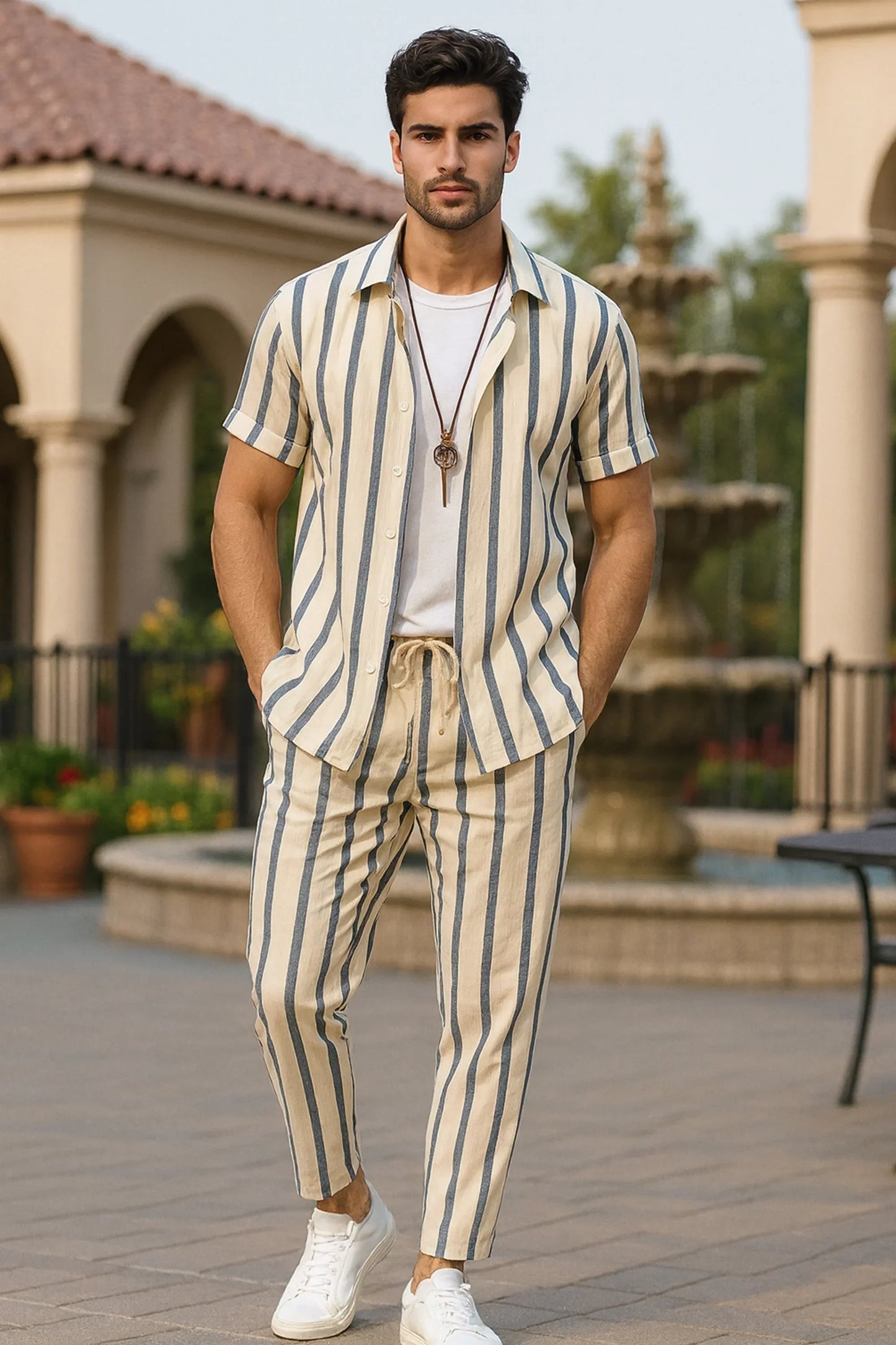 Cream Line Men's Casual Half Sleeve Shirt and Full Pant Set - XPCRDF