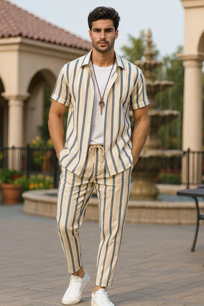 Cream Line Men's Casual Half Sleeve Shirt and Full Pant Set - XPCRDF