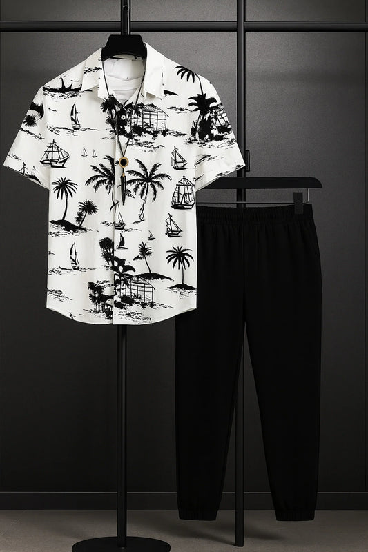 White Beach Men's Casual Half Sleeve Shirt and Full Pant Set - XPCRDF