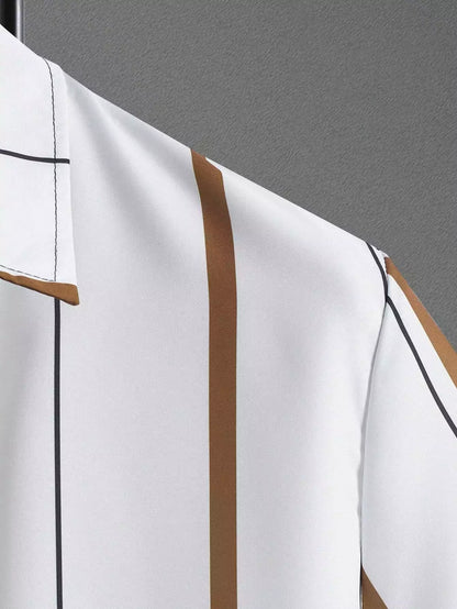 Cream Brown Line Design Mens Half Sleeves Cords Cotton Material - XPCRDH