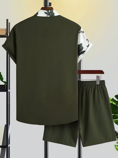 Green White Flower Design Mens Half Sleeves Cords Cotton Material - XPCRDH