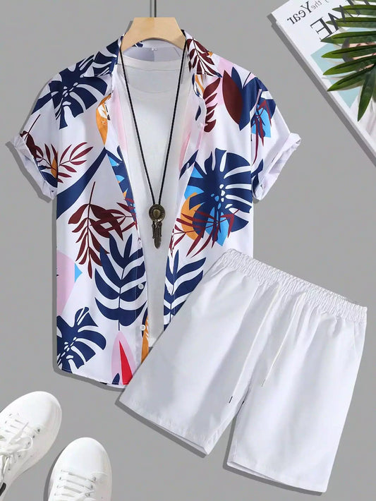 White Navy Blue Floral Design Mens Half Sleeves Cords Cotton Material - XPCRDH