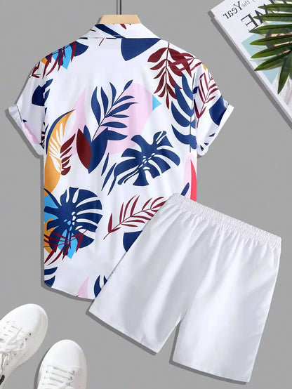 White Navy Blue Floral Design Mens Half Sleeves Cords Cotton Material - XPCRDH