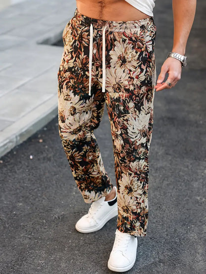 Brown Color Men’s Relaxed Fit Floral Print Casual Pants - XPPT